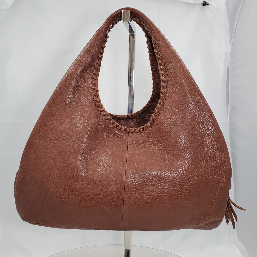 Y2K Banana Republic Brown Pebbled Leather Whipstitch Hobo Shoulder Bag Tassel